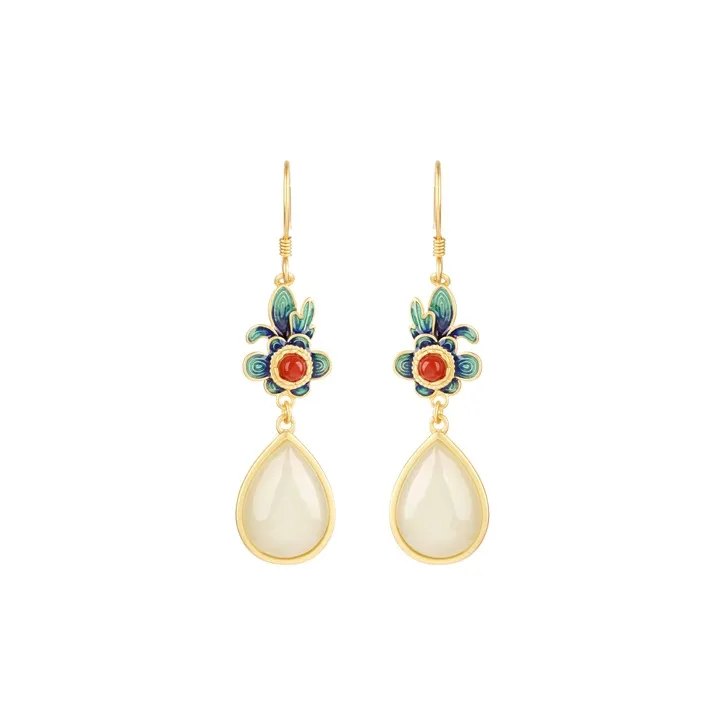 Heng Tai Jewelry S925 Silver Hetian Jade Earrings Women's Pale Greenish White Jade-0