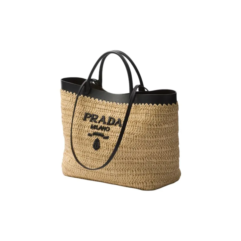 PRADA Raffia Handbag Medium Size Women's Tan & Black-1