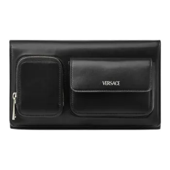 VERSACE Cow Leather Clutch Men's Black & Silver