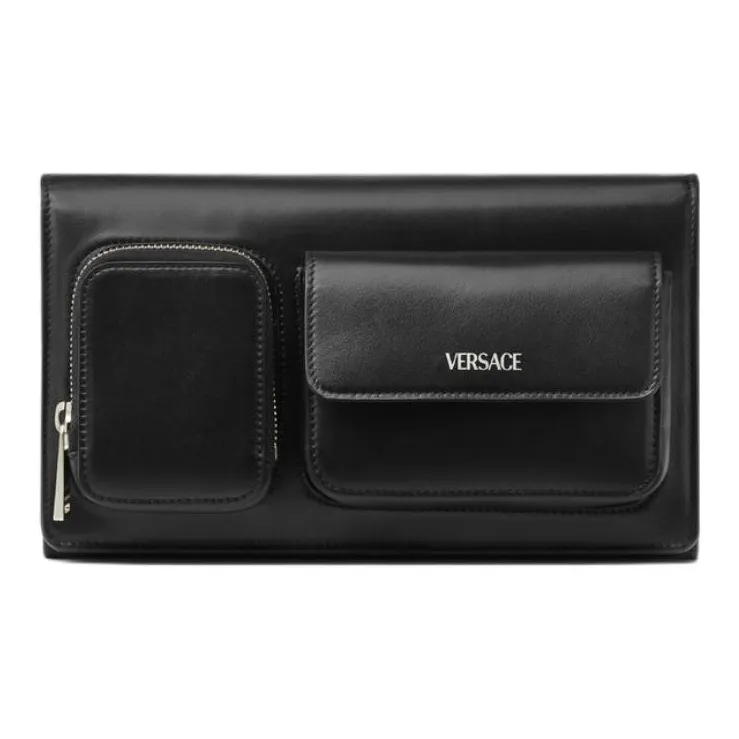 VERSACE Cow Leather Clutch Men's Black & Silver-0