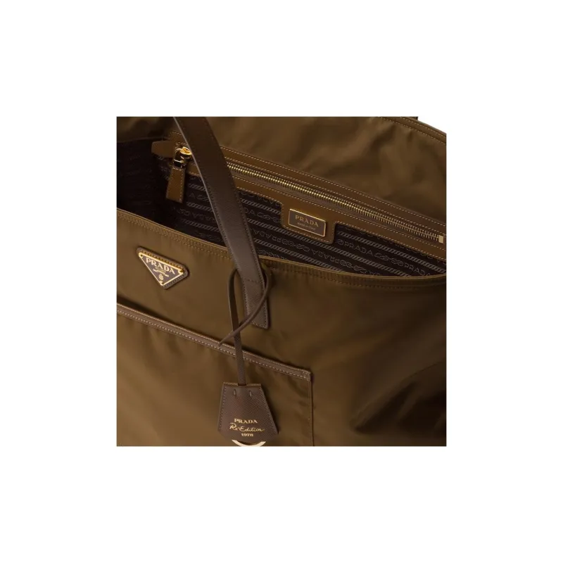 PRADA Re-Edition Fabric With Leather Handbag Large Size Women's Beige-3