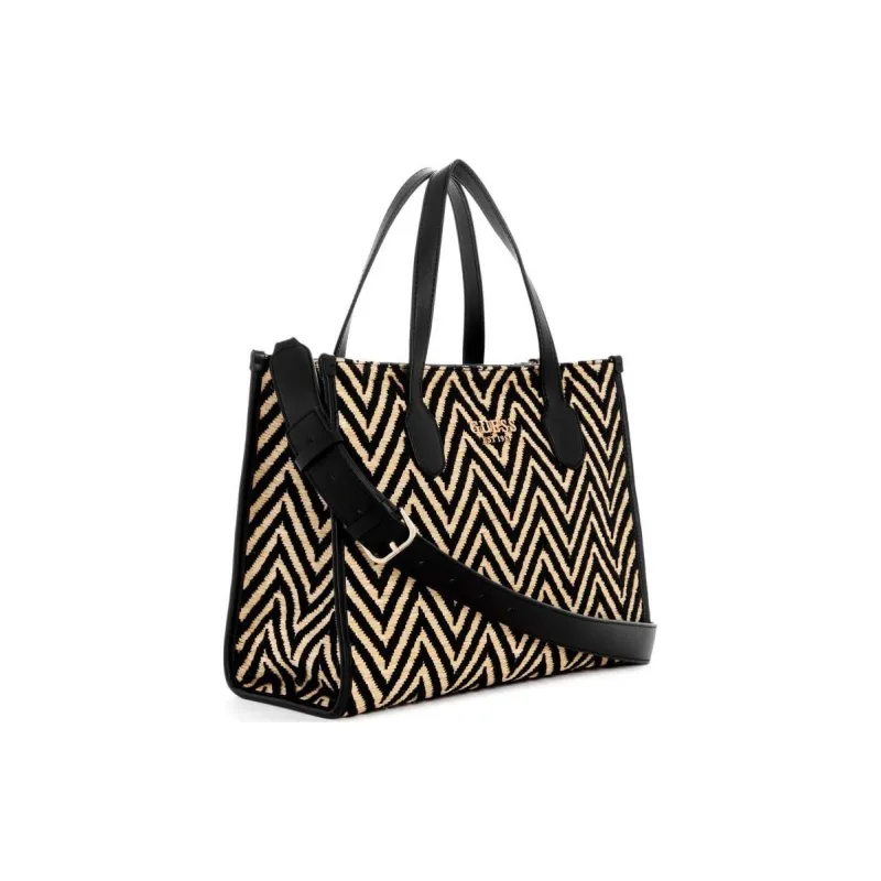 GUESS Raffia With Artificial Leather Trim Tote Bag Shopping Bag Shoulder Bag Crossbody Bag Handbag Women's Black-1