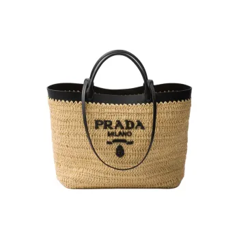 PRADA Raffia Handbag Medium Size Women's Tan & Black