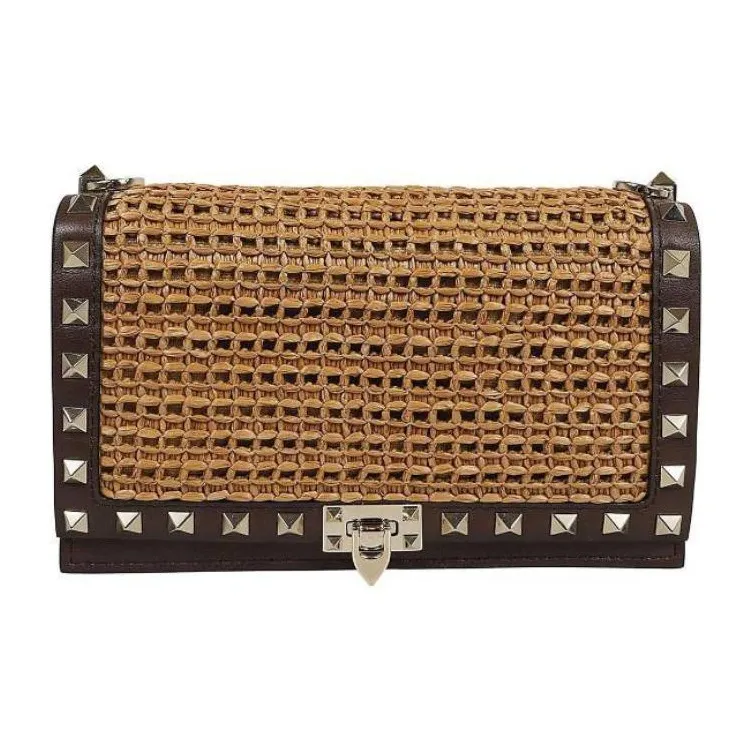 Valentino Rockstud Raffia Crossbody Bag Women's Tobacco Cocoa-0