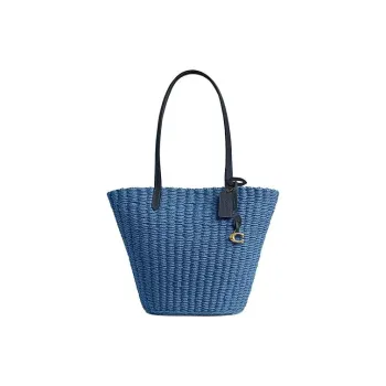COACH Straw Natural Plant-Based Patchwork Cow Leather Tote Bag Shopping Bag Small Size Women's Blue