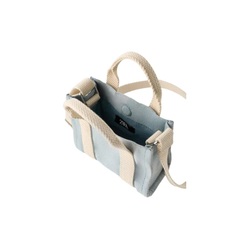 ZARA Cotton Tote Bag Shopping Bag Handbag Shoulder Bag Crossbody Bag Mini Women's Blue-4