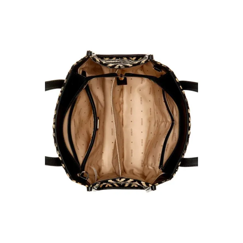 GUESS Raffia With Artificial Leather Trim Tote Bag Shopping Bag Shoulder Bag Crossbody Bag Handbag Women's Black-3