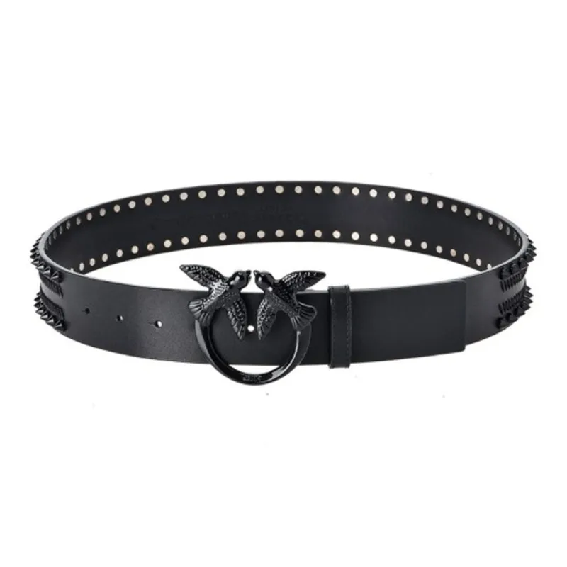 PINKO Love Birds Buckle Smooth Buckle Leather Belts Women's Black Width: 4cm-1