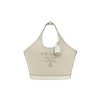 PRADA Linen Blend With Leather Tote Bag, Shopping Bag, Handbag Medium Size Women's Ivory
