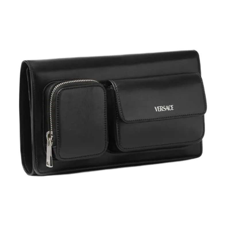 VERSACE Cow Leather Clutch Men's Black & Silver-1