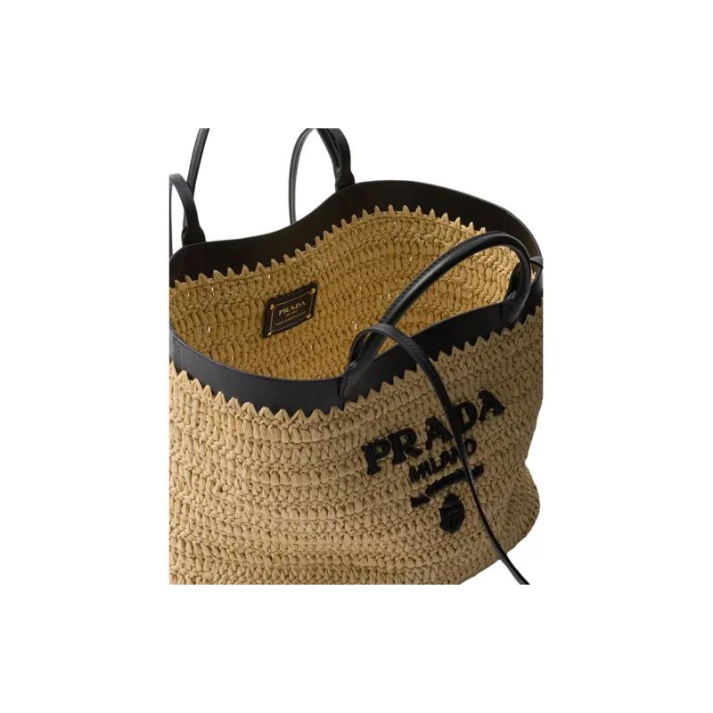 PRADA Raffia Handbag Medium Size Women's Tan & Black-4