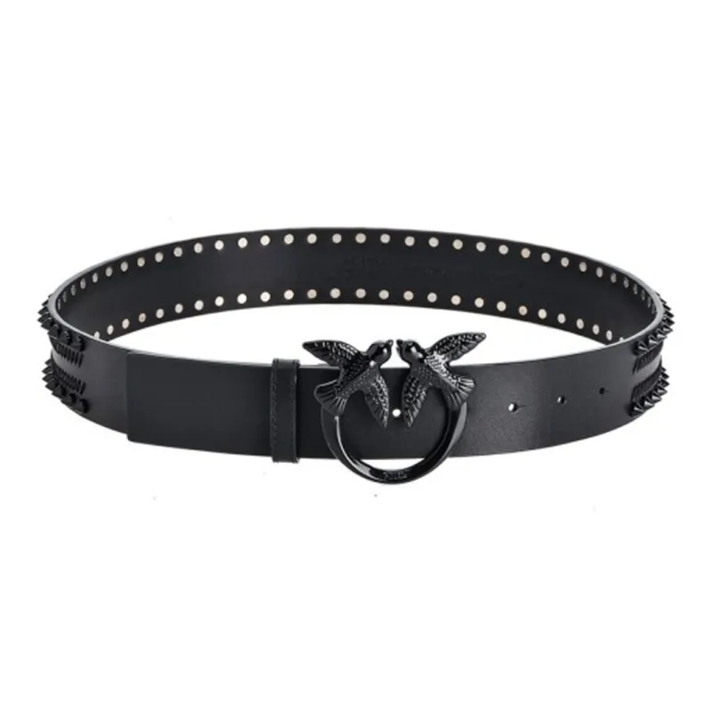 PINKO Love Birds Buckle Smooth Buckle Leather Belts Women's Black Width: 4cm-0