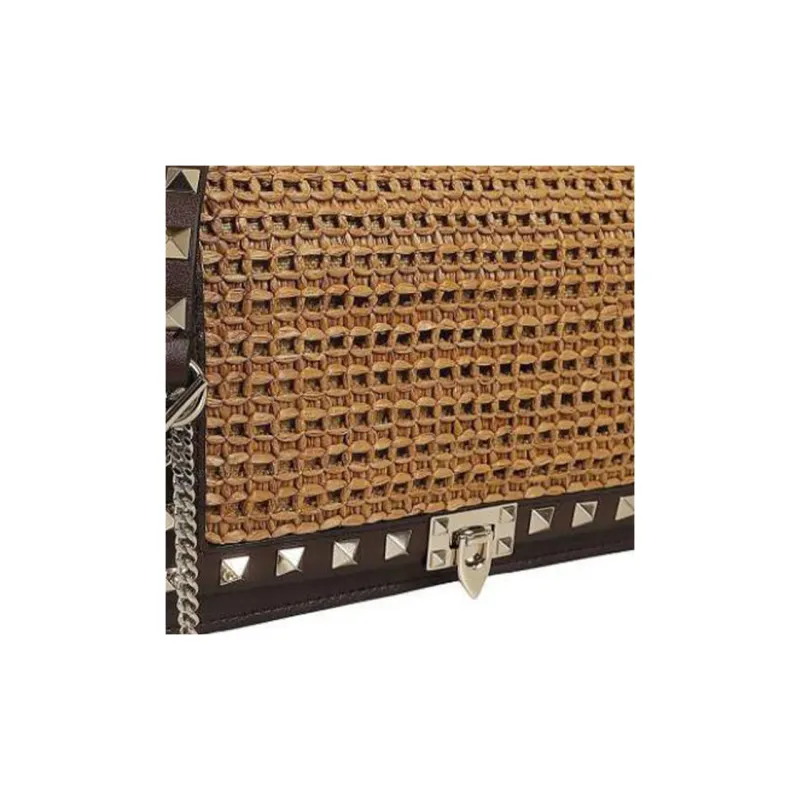 Valentino Rockstud Raffia Crossbody Bag Women's Tobacco Cocoa-3