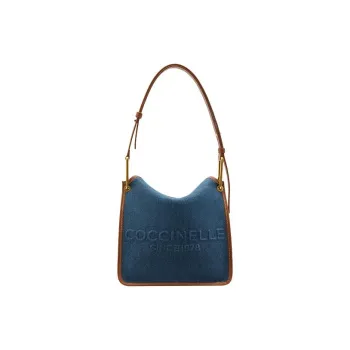 COCCINELLE Fabric Cow Leather Patchwork Pageboy Bag Handbag Shoulder Bag Small Size Women's Denim Blue & Brown