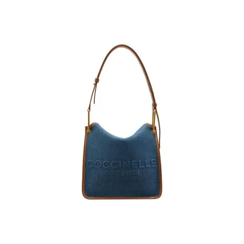 COCCINELLE Fabric Cow Leather Patchwork Pageboy Bag Handbag Shoulder Bag Small Size Women's Denim Blue & Brown