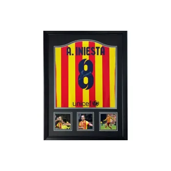 Three For Iniesta Barcelona Autographed Soccer Apparel Jersey With Certificate Framed