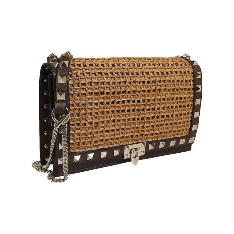 Valentino Rockstud Raffia Crossbody Bag Women's Tobacco Cocoa-1
