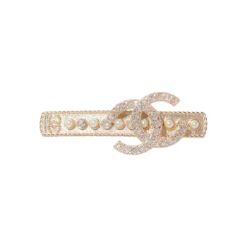 CHANEL 22c Early Spring White Pearl Gold Crystal Hair Clips Women's Gold