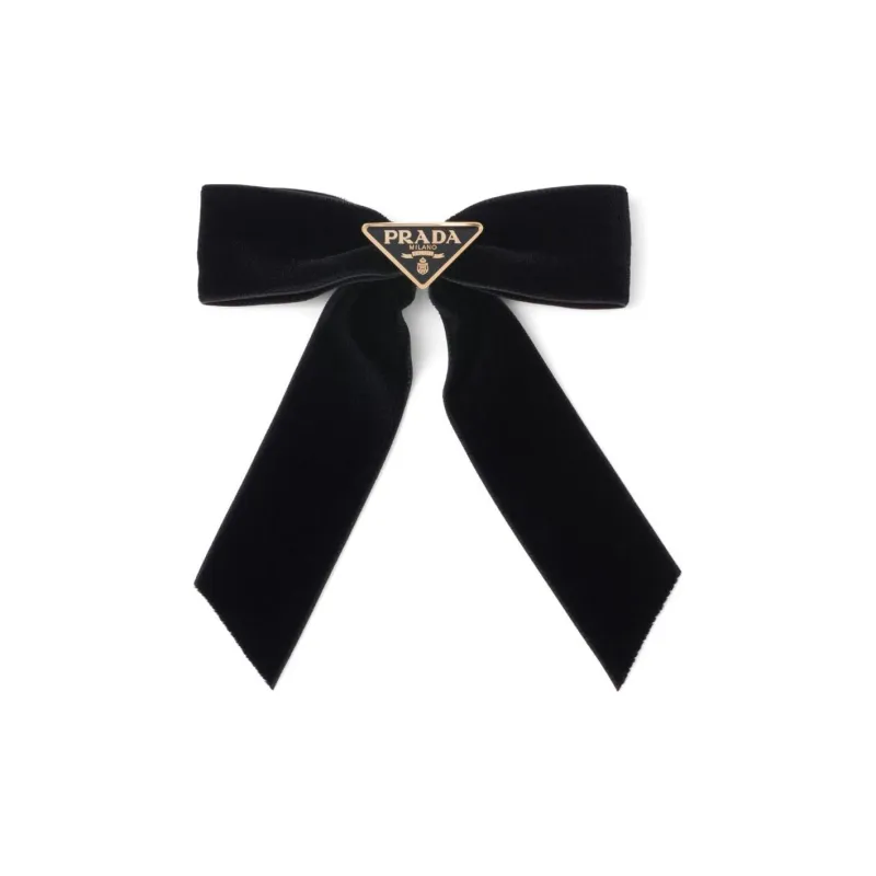 PRADA Triangle logo Bow Velvet Hair Clip-0