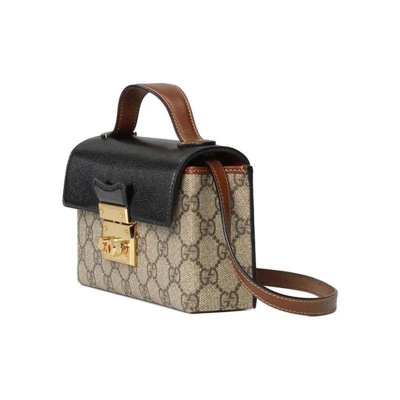 GUCCI Padlock Leather Paneled Canvas Shoulder Bag Mini Women's Black & Brown-1