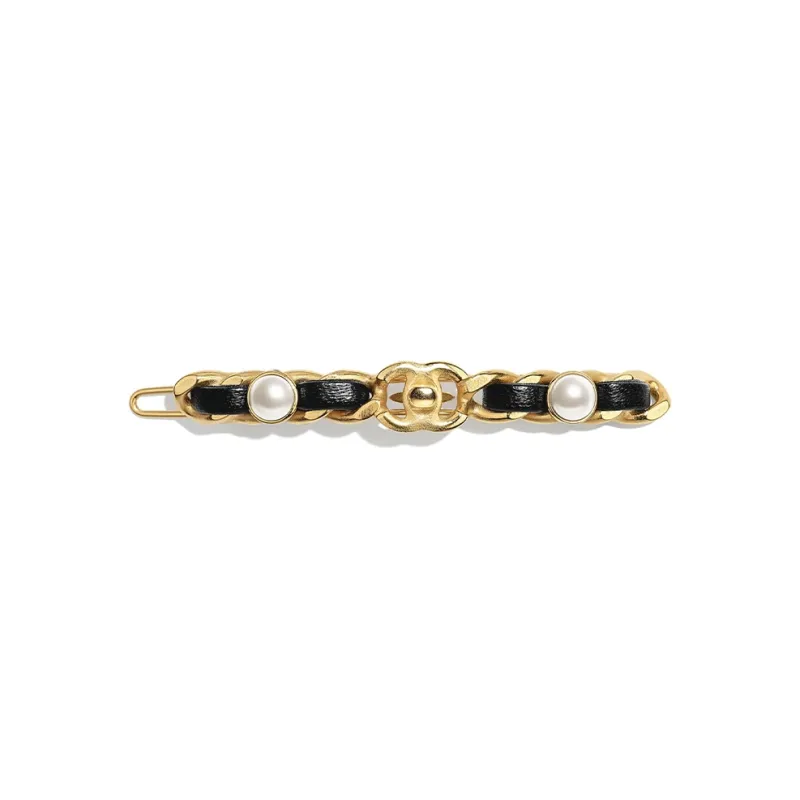 CHANEL Lambskin Metal Pearl And Sheepskin Hair Clips Women's Gold White Black-0