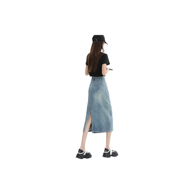 Concubine Zhu Denim Long Skirt Women's Nostalgic Blue White Zircon-1