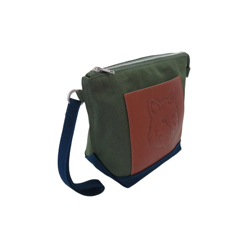 Maison Kitsune Cotton With Canvas And Leather Clutch Women's Army Green With Ink Blue Accents-1