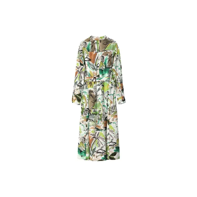 NINE WEST Long-Sleeved Dresses Women's White Background With Green Flowers-1
