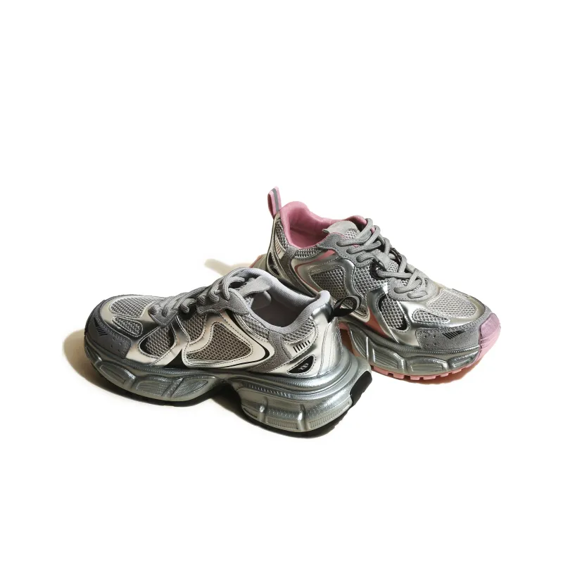 CHENTER KATER Chunky Sneakers Women's Low Top Pink Silver/Black Silver-12