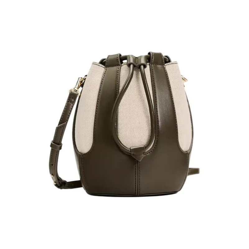 ZARA Cotton & Yellow Linen & Polyurethane Bucket Bags Crossbody Bag Shoulder Bag Women's Green-0