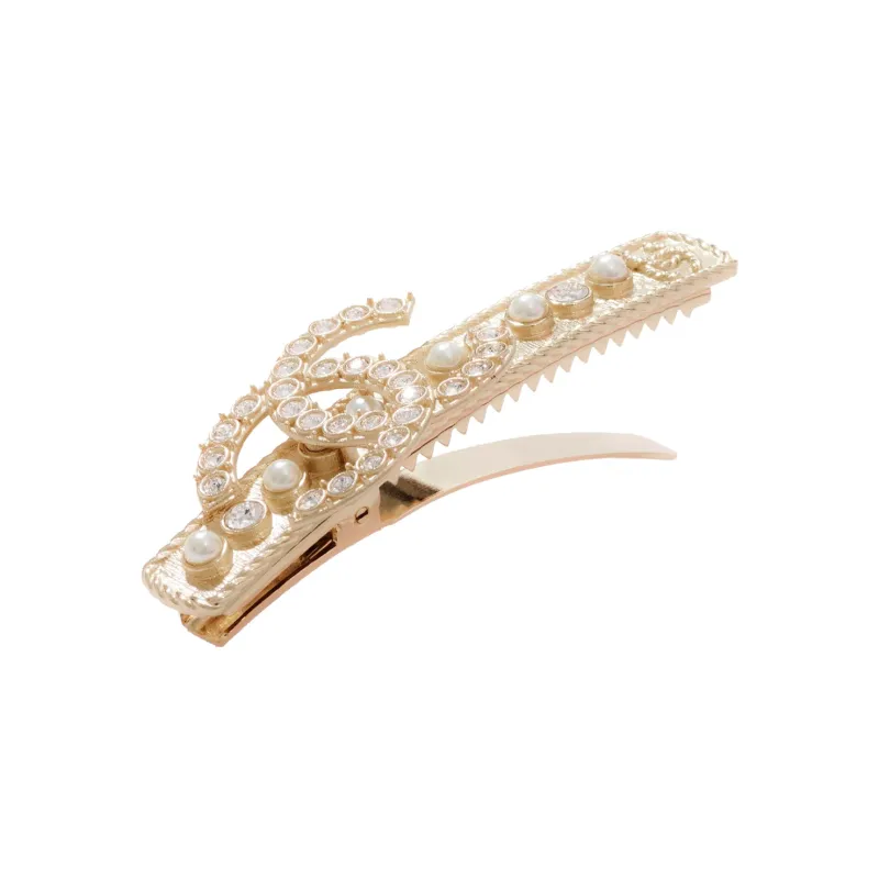 CHANEL 22c Early Spring White Pearl Gold Crystal Hair Clips Women's Gold-1