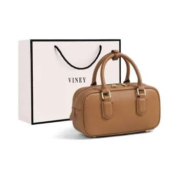 VINEY Cow Leather Handbag Shoulder Bag Crossbody Bag Bowling Bag Small Size Women's Gold Brown