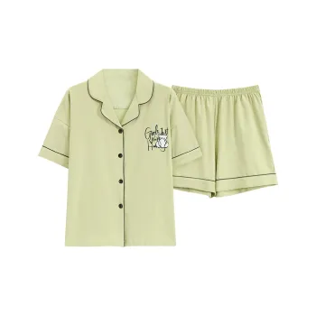 Sleep Breathable Short-Sleeved Shorts Cardigan Lapel Outerwear-Ready Students Dormitory Home Pajama Set Unisex