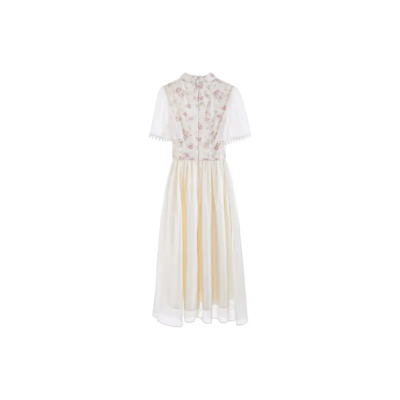 Blovelan Short Sleeved Dress Women's Apricot Purple Floral-1