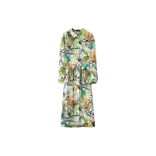 NINI WEST Long-Sleeved Dresses Women's White Background With Green Flowers