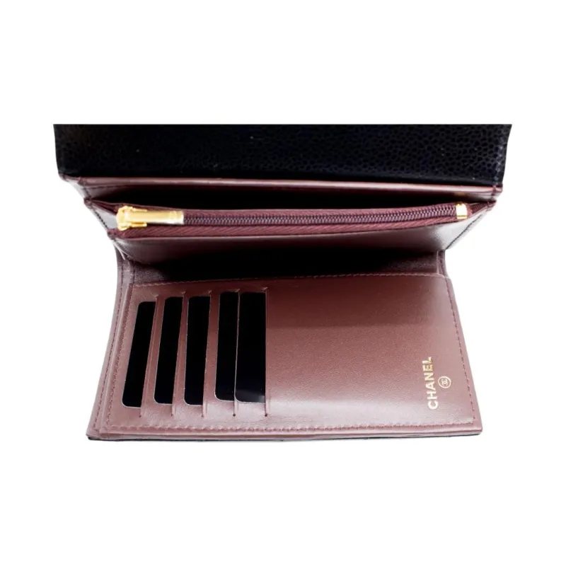 CHANEL Grain Embossed Litchi Grain Cow Leather Wallet Women's Black-4