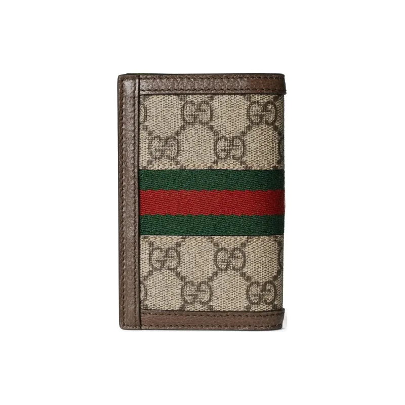 GUCCI Ophidia Canvas With Leather Binding Card Holder Men's Beige & Ebony With Neon Green-2