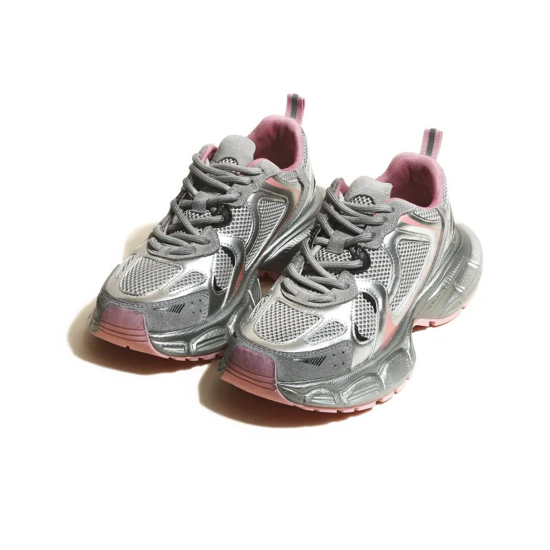 CHENTER KATER Chunky Sneakers Women's Low Top Pink Silver/Black Silver-11