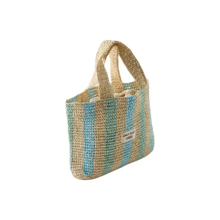 ZARA Raffia Tote Bag Shopping Bag Handbag Regular Women's Beige & Blue-1