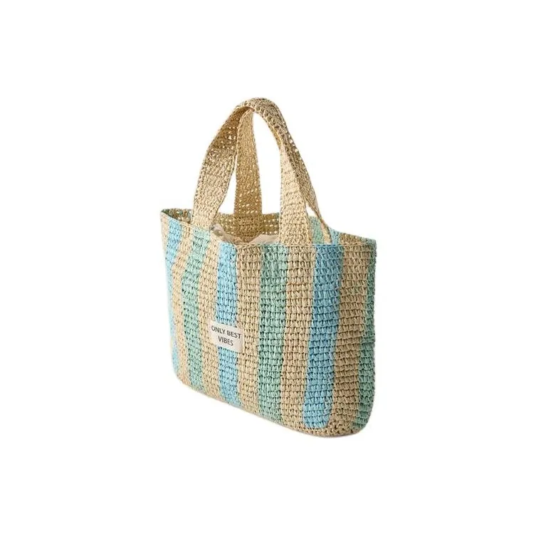 ZARA Raffia Tote Bag Shopping Bag Handbag Regular Women's Beige & Blue-2
