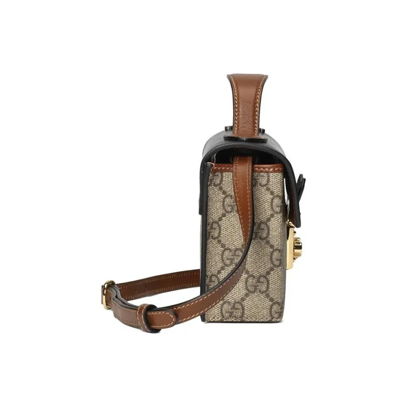 GUCCI Padlock Leather Paneled Canvas Shoulder Bag Mini Women's Black & Brown-2