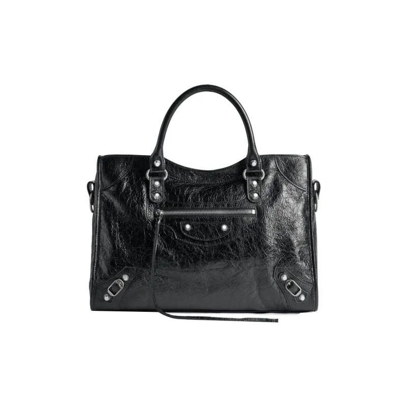 Balenciaga Le City Medium Bag In Black Arena Lambskin Shiny Silver Hardware Black-0