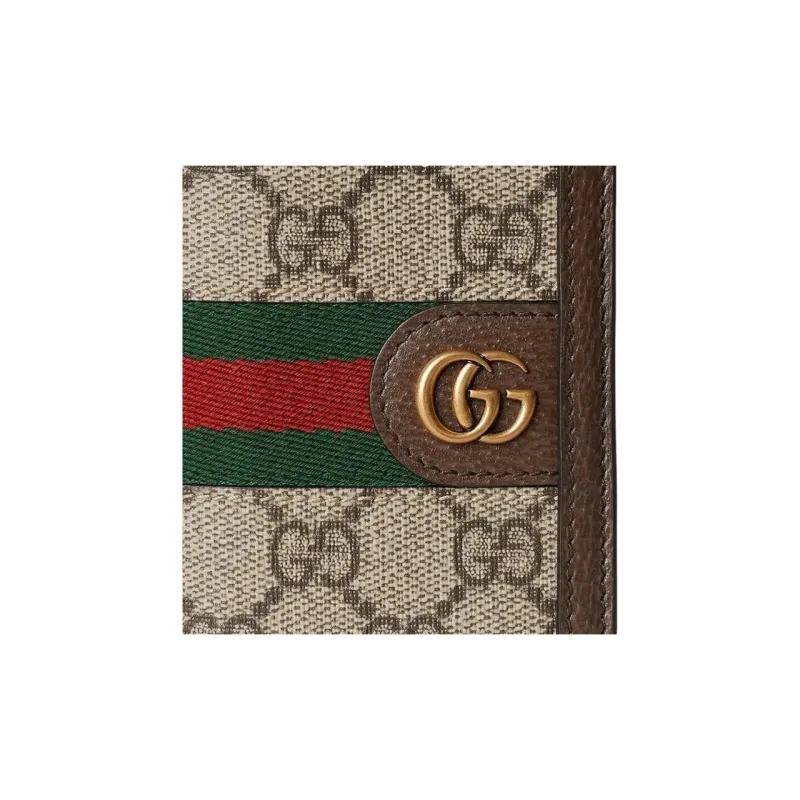 GUCCI Ophidia Canvas With Leather Binding Card Holder Men's Beige & Ebony With Neon Green-3