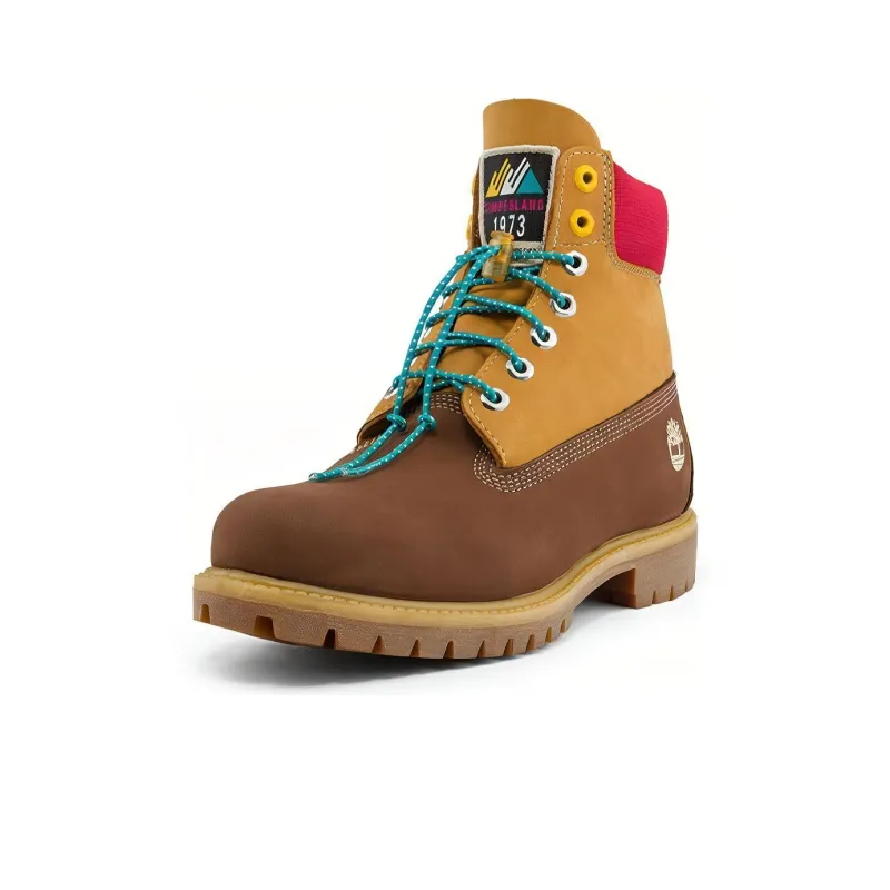 Timberland Premium 6 Inch Waterproof Wide Fit Boots 'Brown Nubuck With Yellow And Red Collar'-2