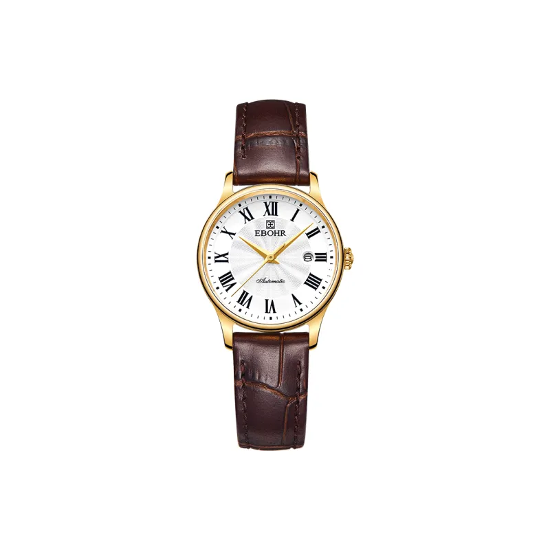 EBOHR Mechanical Movement Genuine Leather Strap Watch Women's Watch White Dial-0