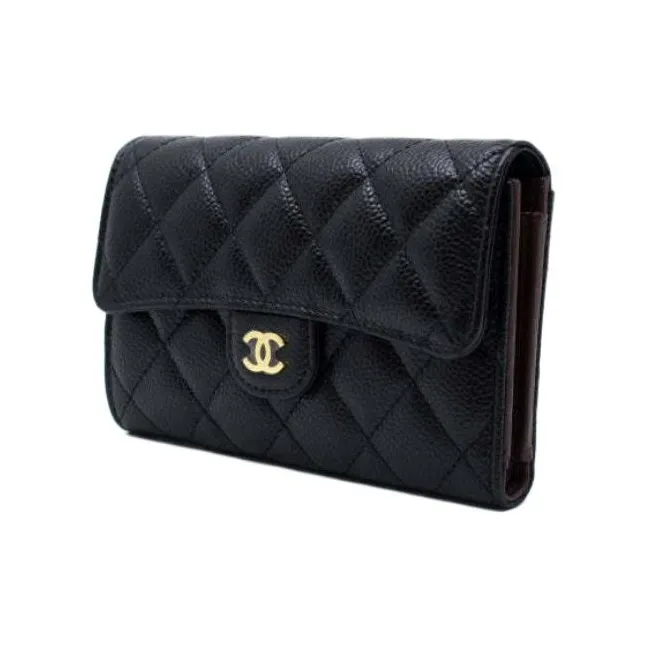 CHANEL Grain Embossed Litchi Grain Cow Leather Wallet Women's Black-1