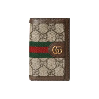 GUCCI Ophidia Canvas With Leather Binding Card Holder Men's Beige & Ebony With Neon Green