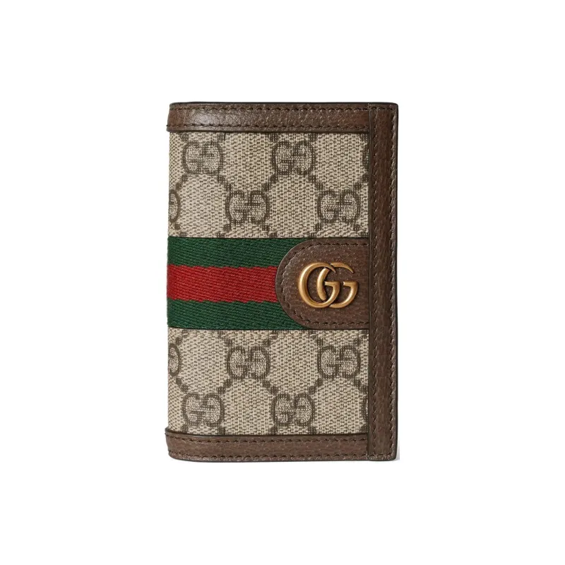 GUCCI Ophidia Canvas With Leather Binding Card Holder Men's Beige & Ebony With Neon Green-0