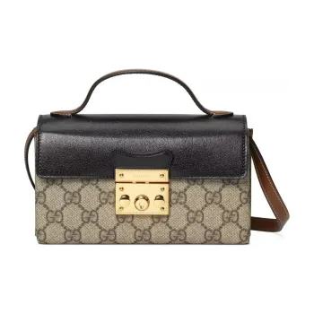 GUCCI Padlock Leather Paneled Canvas Shoulder Bag Mini Women's Black & Brown
