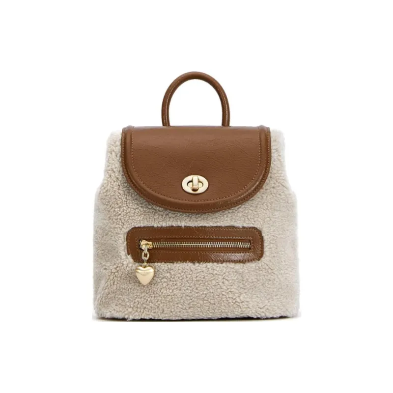 FERIA Monitor Lizard Leather Split Cow Leather Furry Backpack Medium Size Women's Brown-0